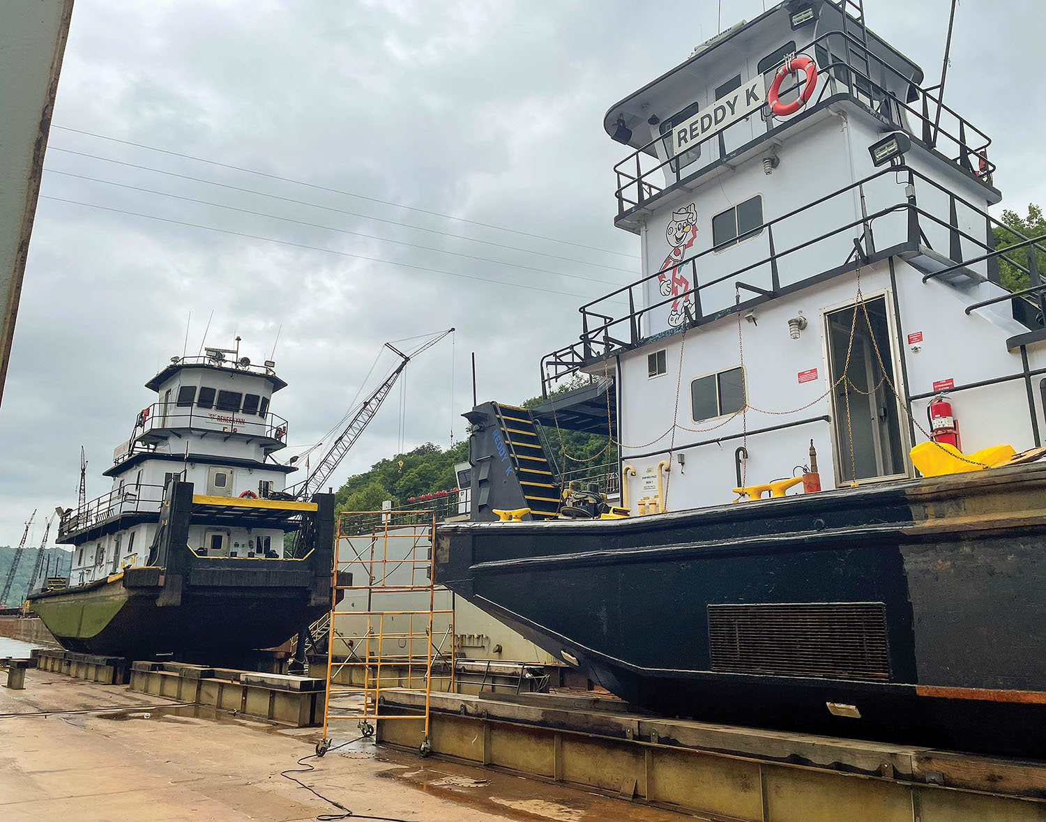 Campbell Transportation Company’s Georgetown Shipyard is wrapping up work on First Energy’s mv. Reddy K (right), the first boat to complete its Subchapter M-required Internal Structural Exam (ISE) and required repairs on Campbell’s drydock. To its left is Campbell’s mv. Renee Lynn. (Photo by Mike O'Rourke)