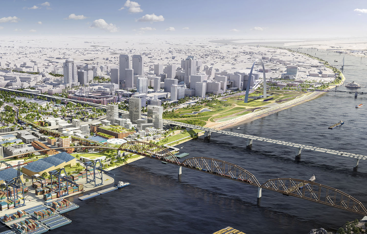 Rendering of proposal for development of Mississippi River front south of St. Louis (lower left corner of rendering). (Courtesy of Good Developments Group)