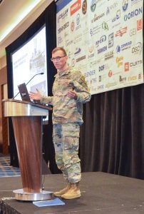 Col. Rhett Blackmon, chief of the Galveston Engineer District, describes the many dredging projects and coastal protection plans in the district. (Photo by Judith Powers)