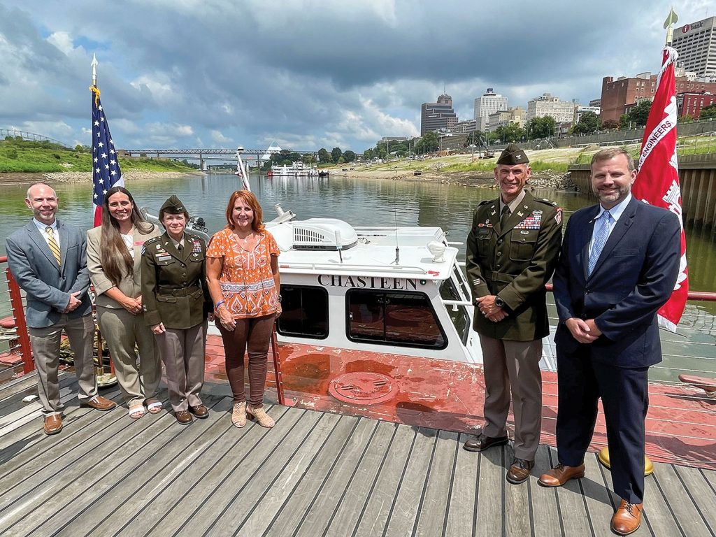 (Left to right) Memphis District hydraulics and hydrology branch Chief Michael Clay, executive assistant Andrea Carpenter-Crowther, Mississippi Valley Division commanding general and Mississippi River Commission President Maj. Gen. Diana Holland, Leanne Chasteen, Memphis District Commander Brian Sawser and Project Manager Zach Cook. (Photo courtesy of the Memphis Engineer District)