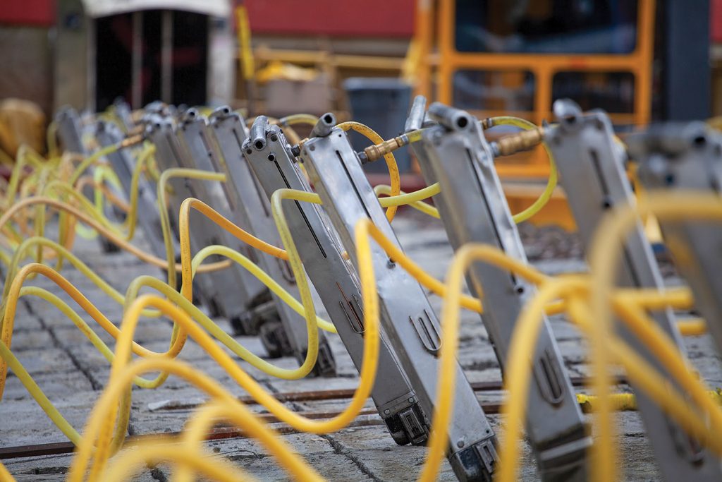 Pneumatic tie tools aboard the mat-laying barge. (Photo by Frank McCormack)