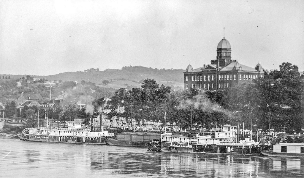 Strs. Mark Twain and General Ashburn at Hermann, Mo., during inspection trip. (Photographer unknown, David Smith collection)