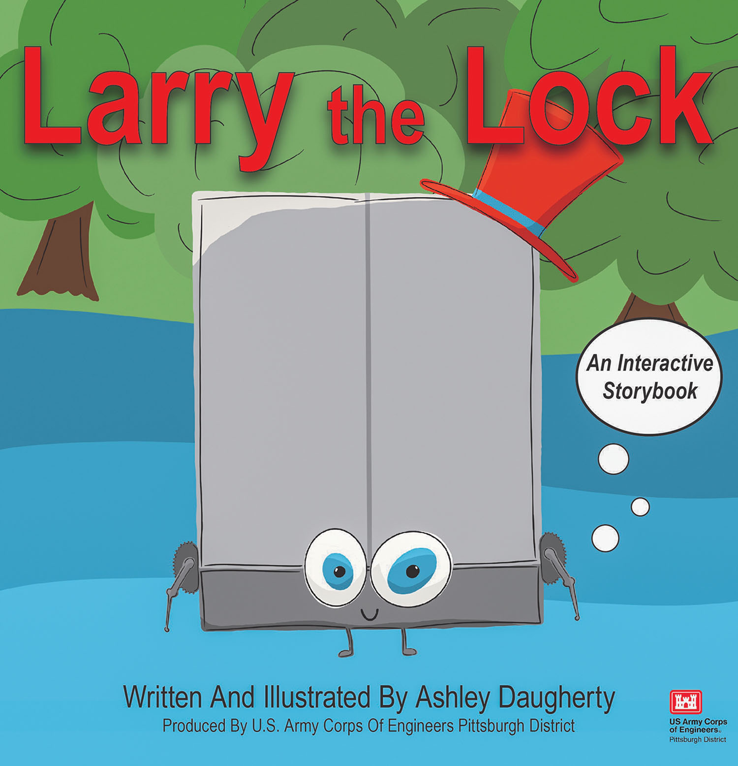 Larry the Lock is a children’s book written and illustrated by Ashley Daugherty to illustrate the work locks perform on the river within the district. Daugherty has always had a love for art and reading. While pursuing a Bachelor of Fine Arts degree in graphic design, she had the chance to work as an intern at the Pittsburgh Engineer District. Daugherty wanted to make the mission of a lock more understandable, especially to children. (Illustration by Ashley Daugherty)