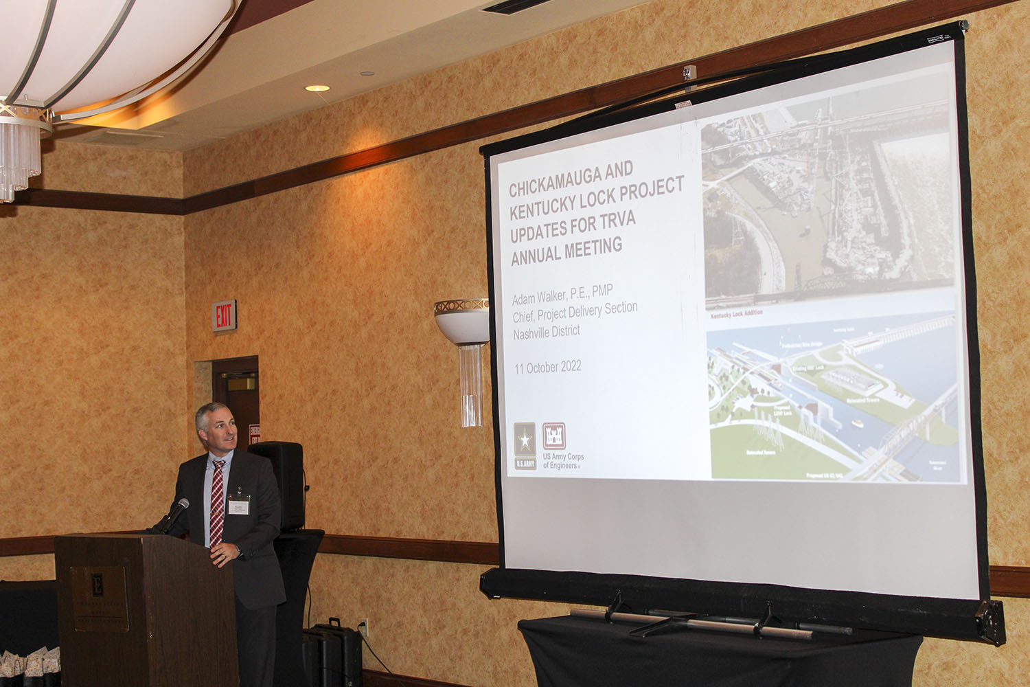 Adam Walker, chief of the Nashville Engineer District’s project delivery section, talks about major projects at Chickamauga and Kentucky locks and dams. (Photo by Shelley Byrne)