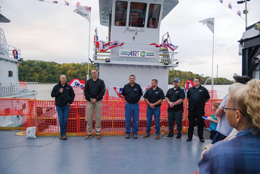 From left, Paul Wujek, vice president of transportation;  Chris Boerm, president of transportation;  Chuck Burlingame, honoree; Lukas Lonergan, manager at Ottawa, Ill., facility; Capt. Benjamin Gracey; and Capt. Jeremy Crandall. (Photo courtesy of ARTCo)