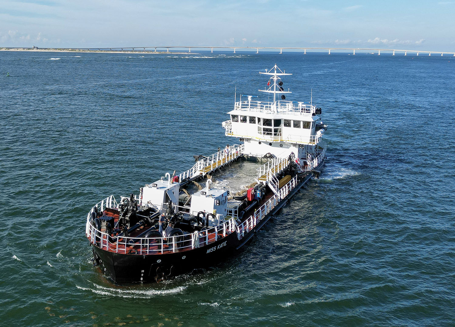 The Miss Katie is a 156-foot shallow-draft, split-hulled hopper dredge built by Conrad Shipyard at Morgan City, La. It is owned and operated by EJE Dredging Service of Wanchese, N.C., and provides dredging to Dare County, N.C. (photo courtesy of EJE Dredging Service LLC)