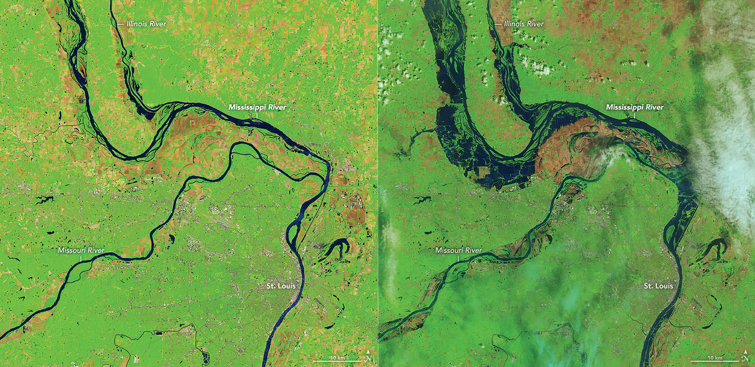 From Norma Jean Mattei’s presentation at the WEDA Gulf Coast chapter meeting: two satellite views of the Mississippi, Missouri and Illinois rivers, one from June 5, 2018 (low water, left), and the other from May 7, 2019 (high water, right).
