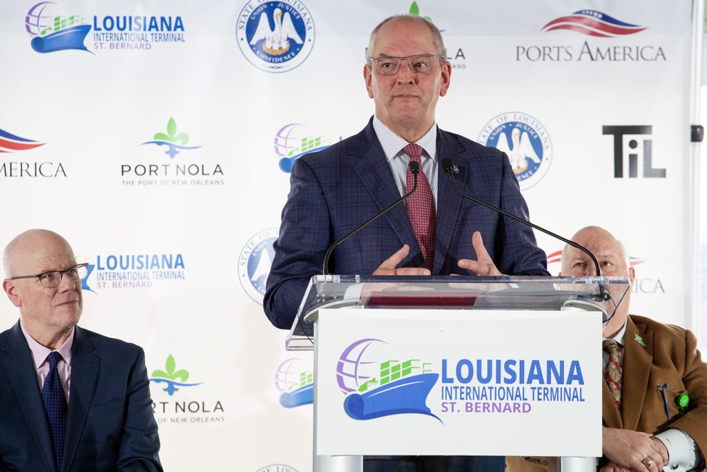 Louisiana Gov. John Bel Edwards speaks during the port announcement December 12. (Photo by Frank McCormack)
