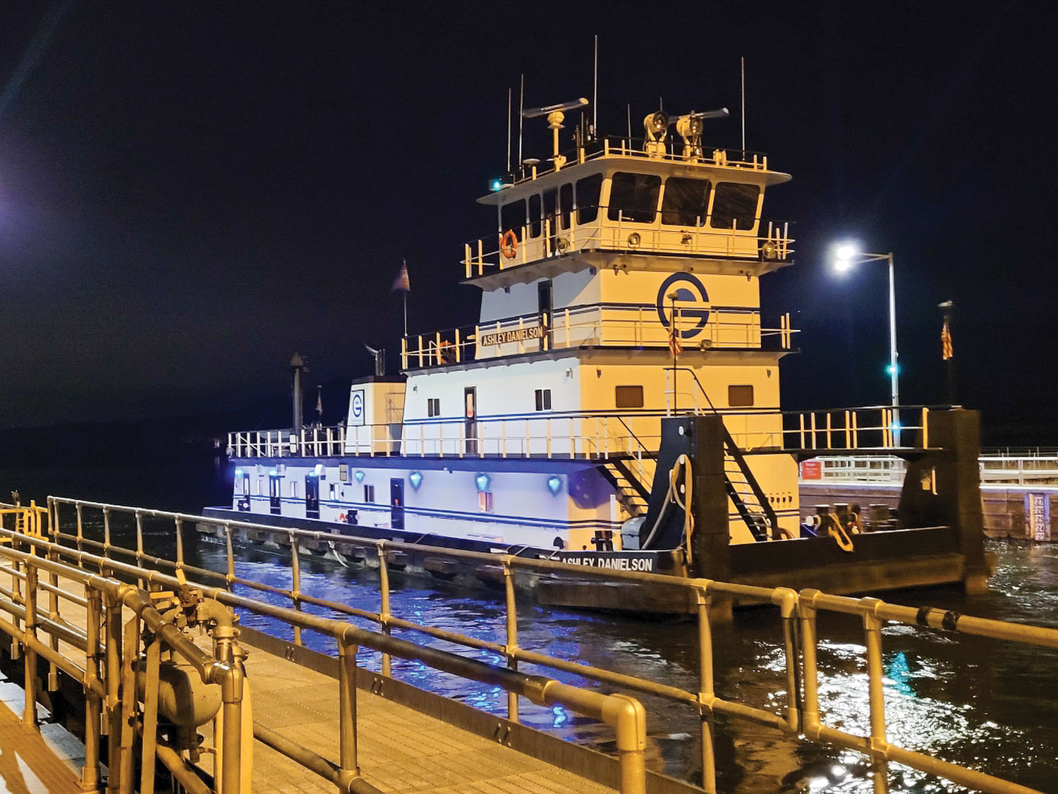 The mv. Ashley Danielson departs Lock 2 as the last boat out of the Twin Cities for the 2022 navigation season. (St. Paul Engineer District photo)