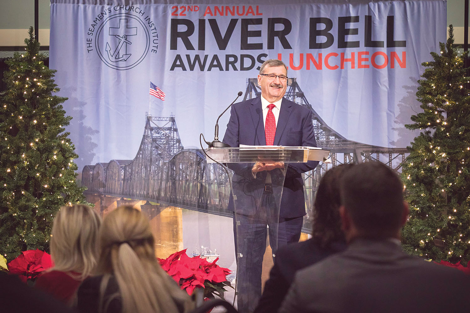 Jim Guidry addresses the audience after receiving the River Bell Award. (Photo by Brad Rankin, courtesy of Seamen's Church Institute)