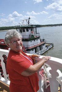 Peggy Napper visited the wheelhouse of the Peggy Louise, which is named after her, in Cape Girar- deau, Mo., over the summer.