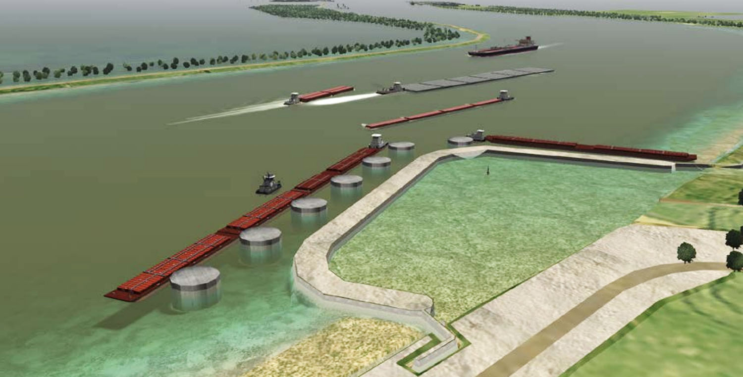 A simulation of barge and ship traffic passing a cofferdam during construction of the planned Mid-Barataria Sediment Diversion on the west bank of the Mississippi River near the town of Ironton, La. (Photo from final EIS for Mid-Barataria Sediment Diversion.)