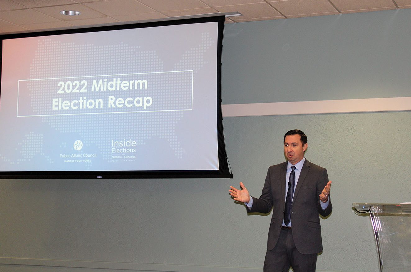 Nathan Gonzales, editor and publisher of Inside Elections, talks about the political balance of power in Congress, results of the mid-term elections and possible 2024 presidential election scenarios. (Photo by Shelley Byrne)