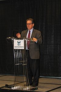 Arthur Laffer, economist and former economic policy adviser to President Ronald Reagan, makes a point during his presentation. at Waterways Council Inc.’s 19th annual Waterways Symposium. (Photo by Shelley Byrne)