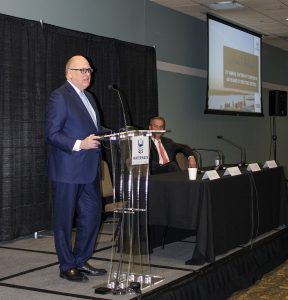 Joe Craft, chairman, president and CEO of Alliance Resource Partners, talks about the importance of coal and the difficulty of replacing it during his energy outlook presentation at Waterways Council Inc.’s 19th annual Waterways Symposium. (Photo by Shelley Byrne)