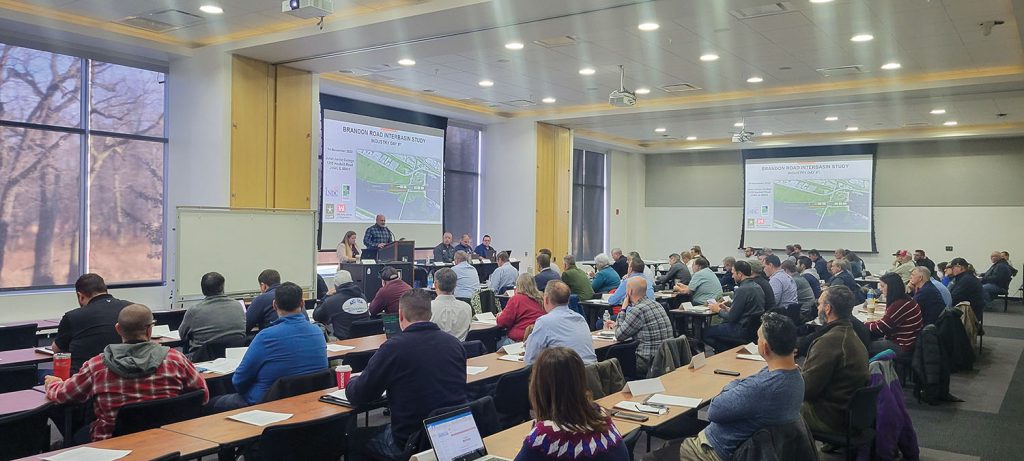 The audience at the Brandon Road Interbasin Study Industry Day in November is updated on the latest developments with the project. (Photo courtesy of the Rock Island Engineer District