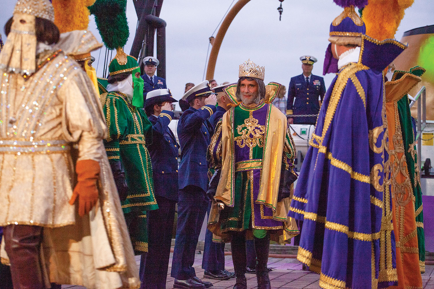 Ludovico Feoli, the 2023 King of Carnival, arrives at Spanish Plaza in New Orleans February 20 for the traditional meeting of the royal courts of the Zulu Social Aid & Pleasure Club and the School of Design, better known as the Rex Organization. As in years past, the U.S. Coast Guard transported both courts from the Port of New Orleans to the French Quarter aboard a cutter, this year the Cutter Pamlico, a 160-foot inland construction tender. (Photo by Frank McCormack)