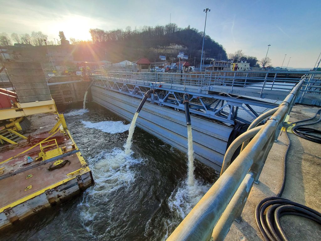 Ten-inch pumps, with a capacity of 5,600 gallons per minute, pump water out of the lock chamber. (Photo courtesy of St. Louis Engineer District)