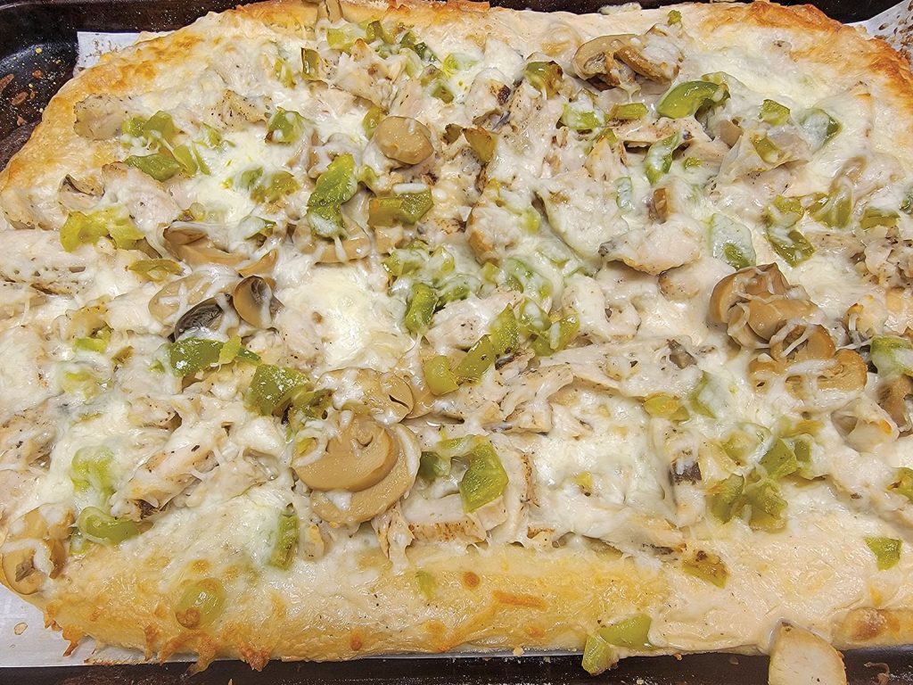 Chicken Alfredo pizza.