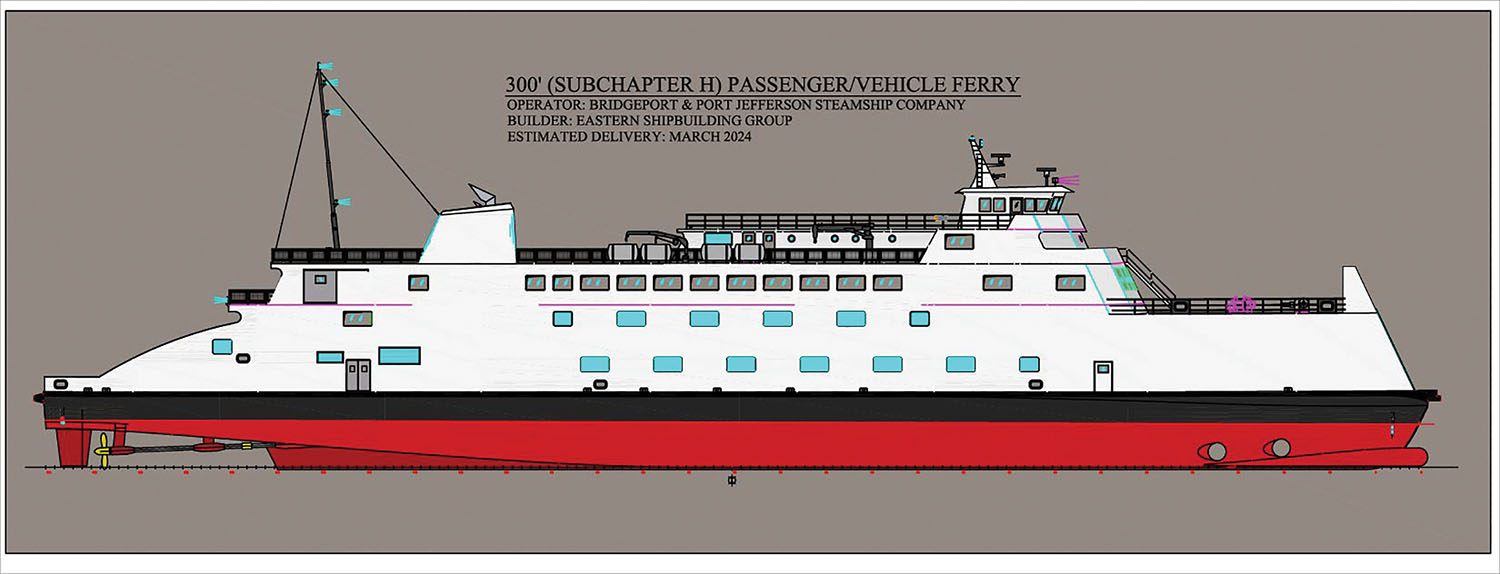 Due for delivery in 2024, the auto and passenger ferry will operate between Bridgeport, Conn., and Port Jefferson, N.Y. (Photo courtesy of Eastern Shipbuilding Group)