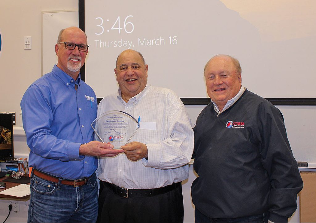 Capt. Alan Bernstein, president/CEO of BB Riverboats, received CORBA’s 2022 Friend of the River Award from CORBA Executive Director Eric Thomas (left) and Chairman Doug Ruschman (right). (Photo by Shelley Byrne)