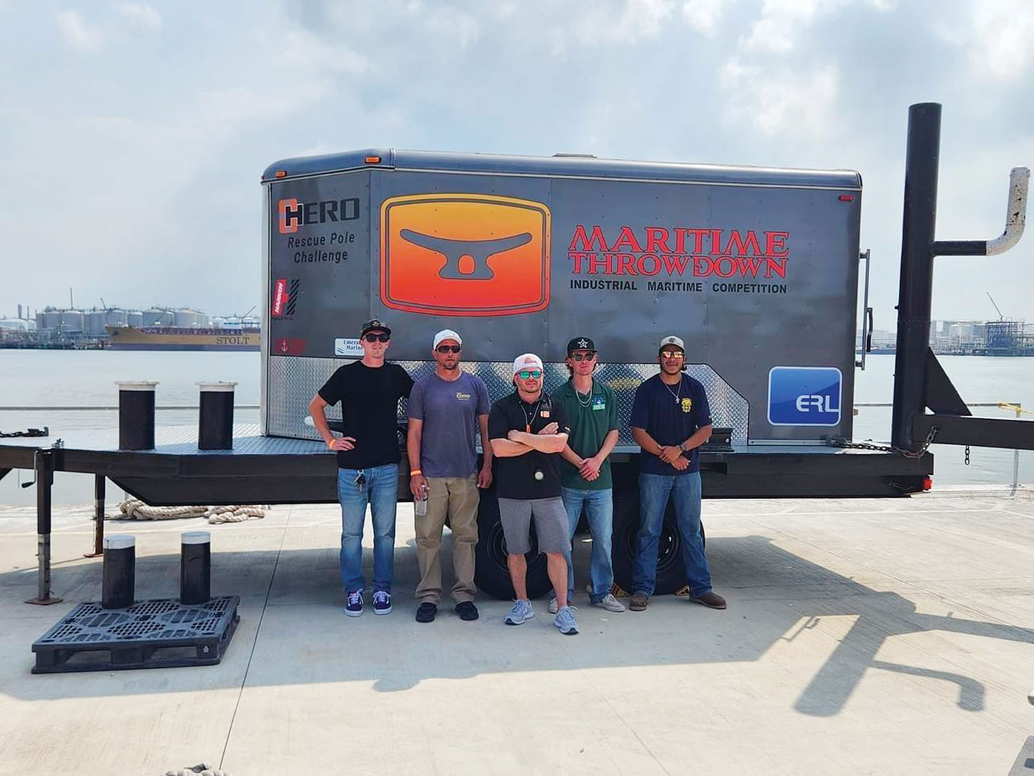 Maritime Throwdown founder Kenny Brown, center, with the competitors from the Houston regional competition at San Jacinto College’s maritime campus.