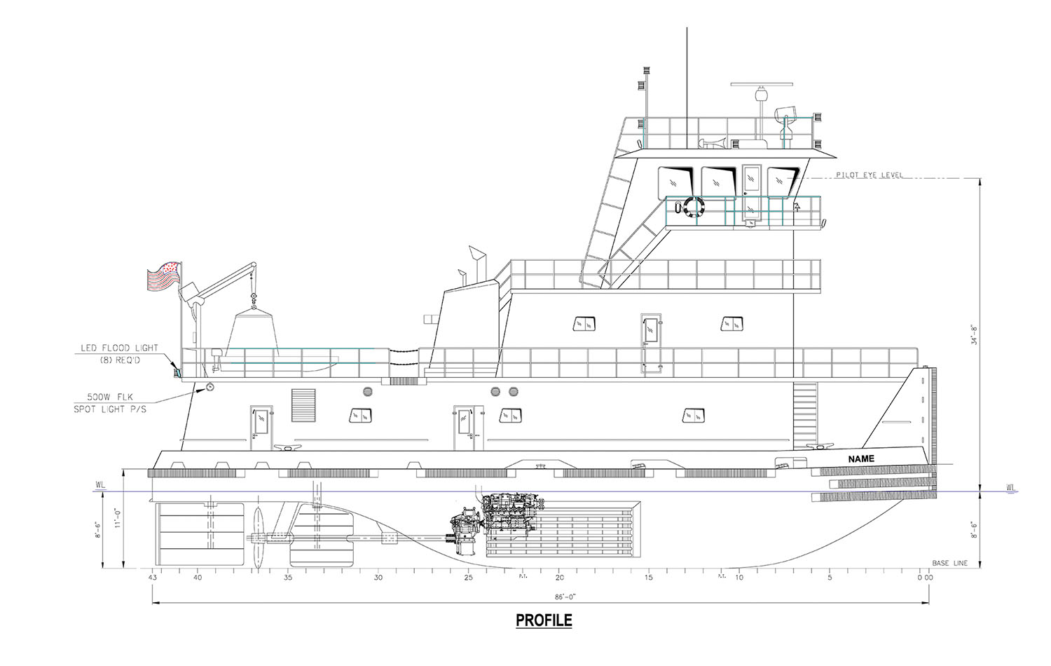 Drawing of the mv. Miss Carter W, designed by Entech Designs and being built by Verret Shipyard for Marine Chartering Associates.