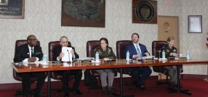 Mississippi River Commission members make remarks March 27 during a visit to Cairo, Ill. Left to right are Dr. Robert Miller, James Reeder, Maj. Gen. Diana Holland, Riley James and Brig. Gen. Kimberly Peeples. Holland announced her upcoming retirement. She will be replaced as commander of the Mississippi Valley Division by Peeples in July. (Photo by Shelley Byrne) 