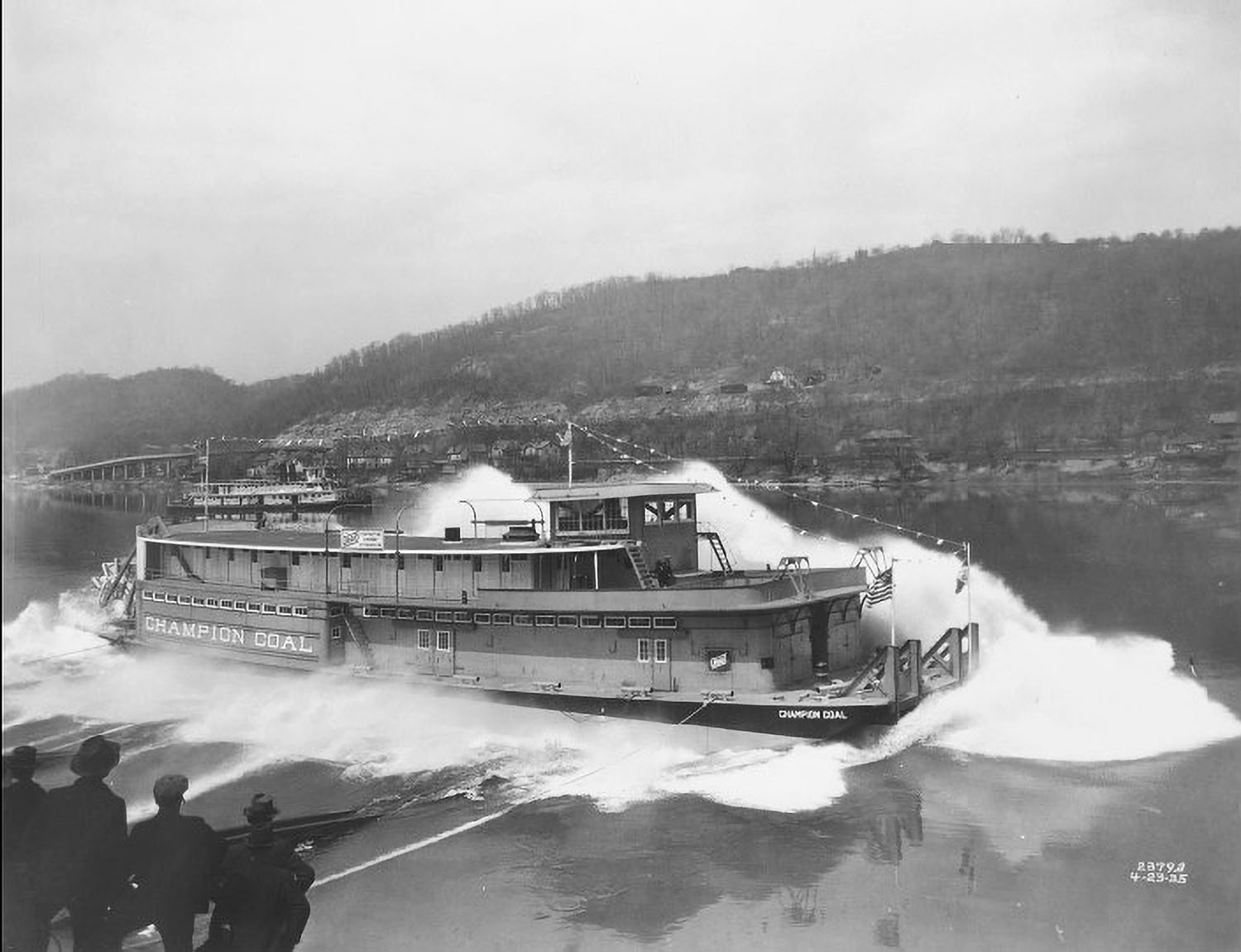 Launch at Dravo  April 23, 1935. Note diesel twin prop Neville in background. (Photo from June 8, 1935 WJ, D. Smith collection)