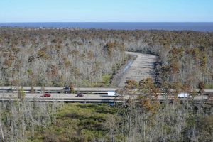 A view of where Interstate 10 will cross an earthen levee reach of the West Shore Lake Pontchartrain Hurricane and Storm Damage Risk Reduction project. The levee system will extend from the western guide levee of the Bonnet Carré Spillway to the Mississippi River levee near Garyville, La.