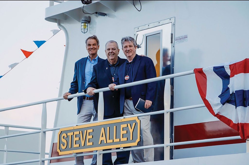 Orrin Ingram, chairman of Ingram Marine Group and CEO of Ingram Industries, Steve Alley and John Roberts, president and CEO of Ingram Marine Group, stand aboard the mv. Steve Alley. (Photo courtesy of Ingram Barge Company)