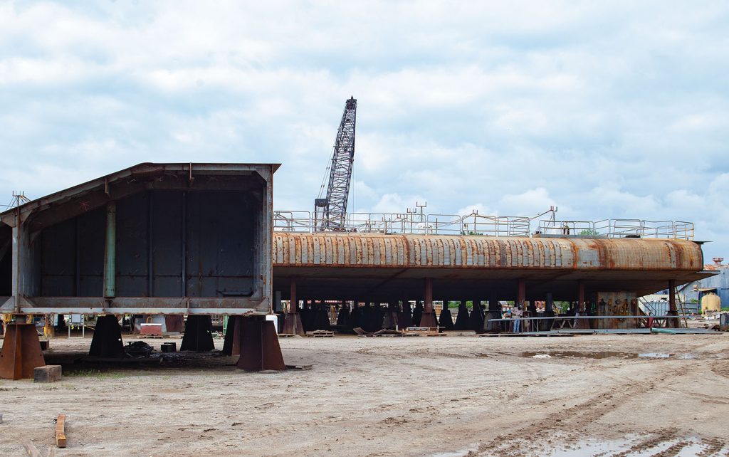 In the foreground, an ARMOR 1 hull module awaits connection to the rest of the hull, as seen in the background. (Photo by Frank McCormack)