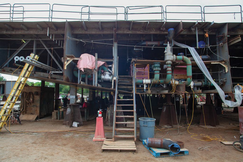 A cross sectional view of the hull of ARMOR 1 with some of the piping already in place. The U.S. Army Corps of Engineers expects ARMOR 1, the replacement for the aging Mat Sinking Unit, to come online in time for the 2024 revetment season. (Photo by Frank McCormack)