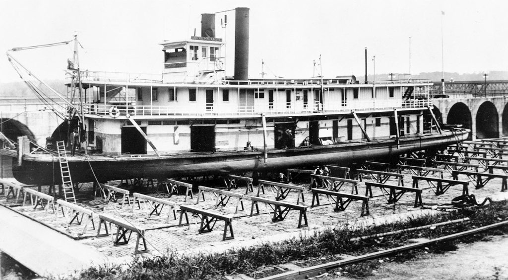 In drydock at Keokuk after conversion to burn coal. (David Smith collection)