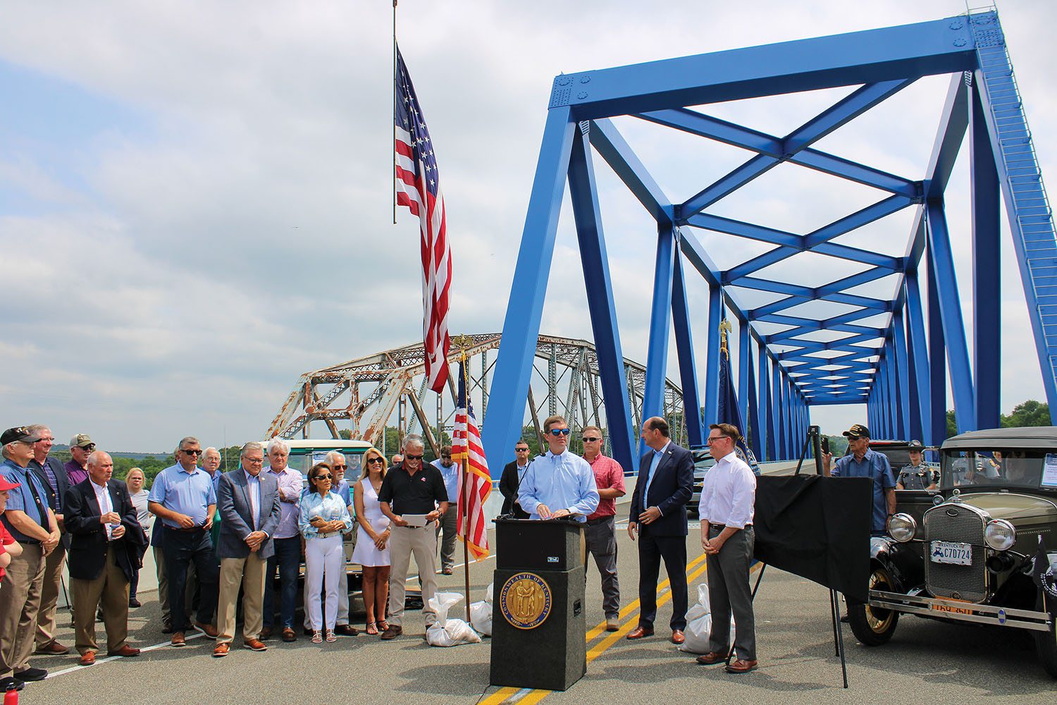 Kentucky Gov. Andy Beshear gives remarks during the opening of the Jim R. Smith Memorial Bridge May 15. The bridge carries U.S. 60 over the Cumberland River in Smithland, Ky. (Photo by Shelley Byrne)