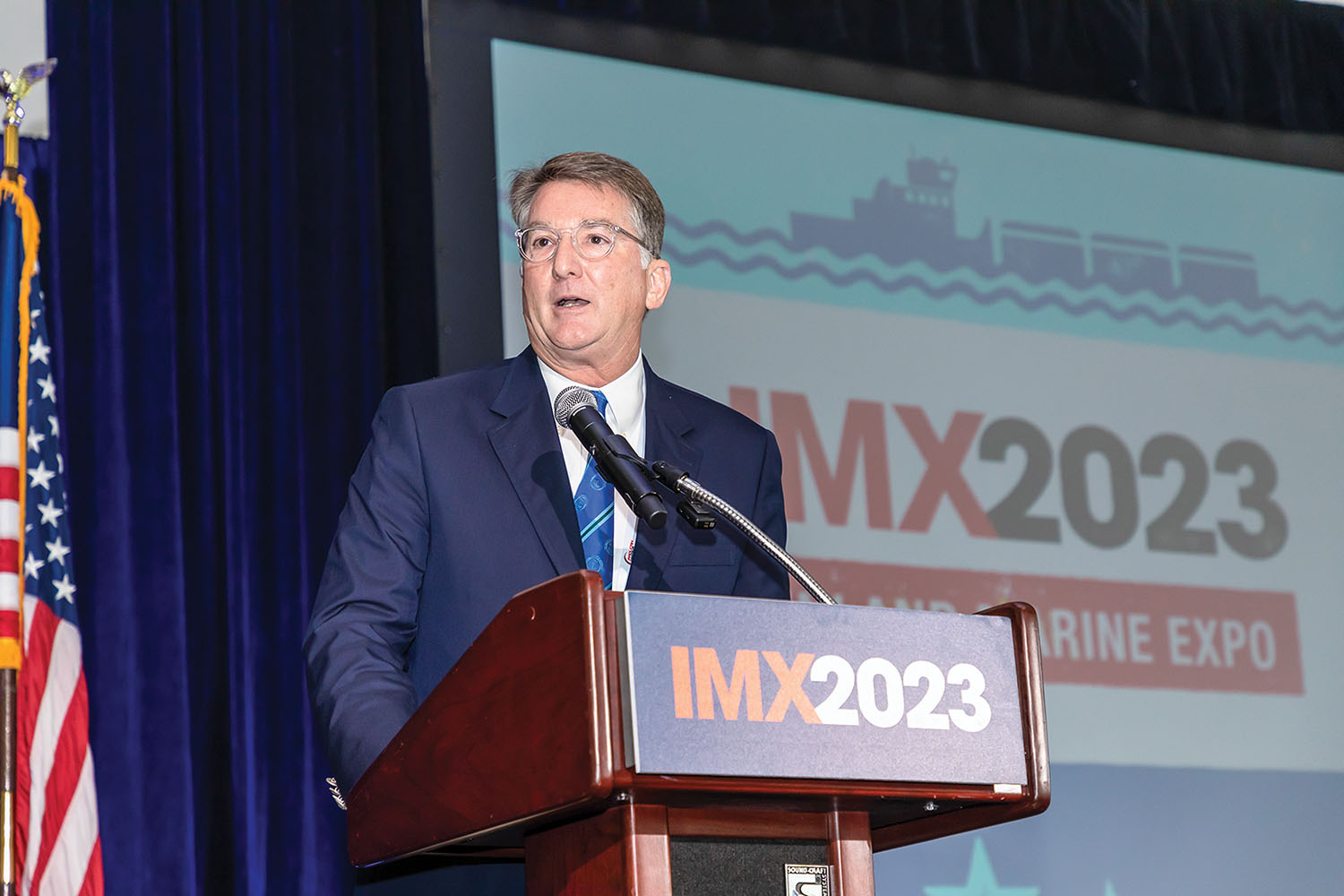 The Rev. Mark Nestlehutt, president and executive director of the Seamen’s Church Institute, speaks at the Inland Marine Expo.