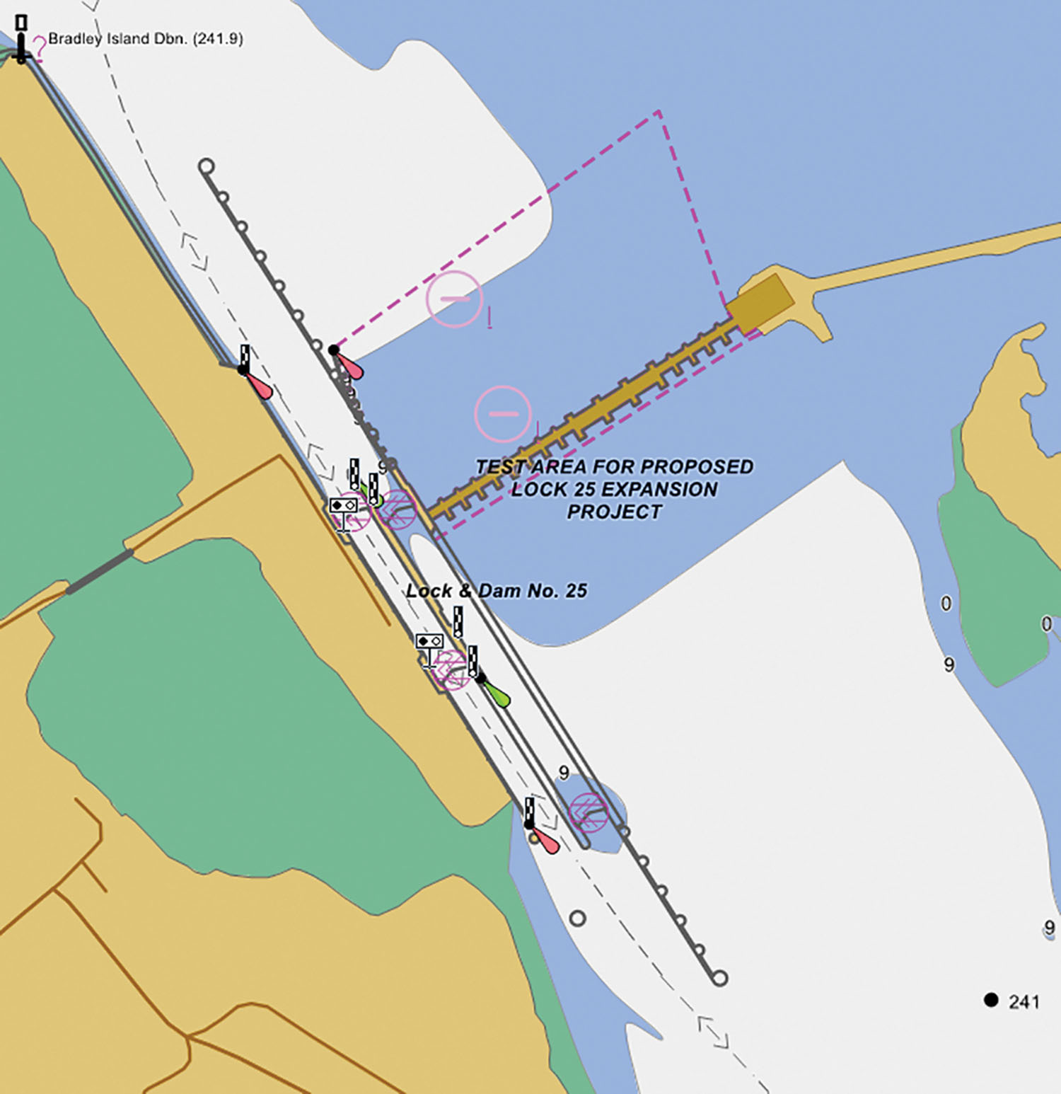 Screenshot of Rose Point Navigation screen with virtual view of planned new 1.200-foot lock, to give captains the opportunity to provide feedback on the location of a proposed approach cell.