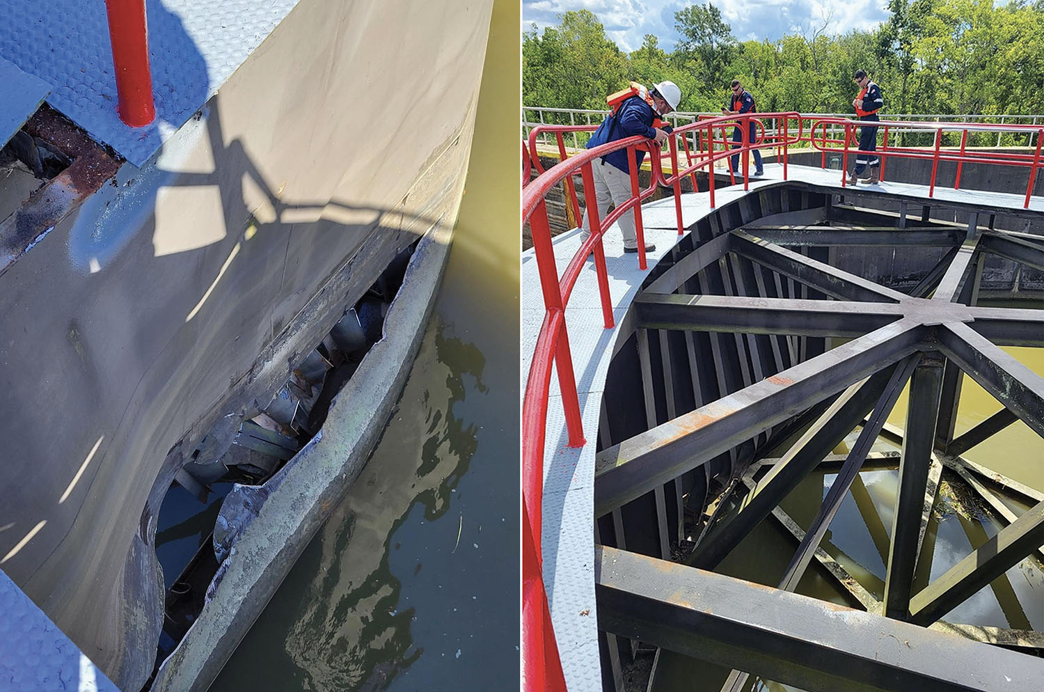 Photos show damage to the Algiers Lock canal-end sector gates caused by a tow allision on July 4. The New Orleans Engineer District said the lock is still operable; the Corps plans to schedule a closure for early fall to repair the damage. (Photos courtesy of New Orleans Engineer District)