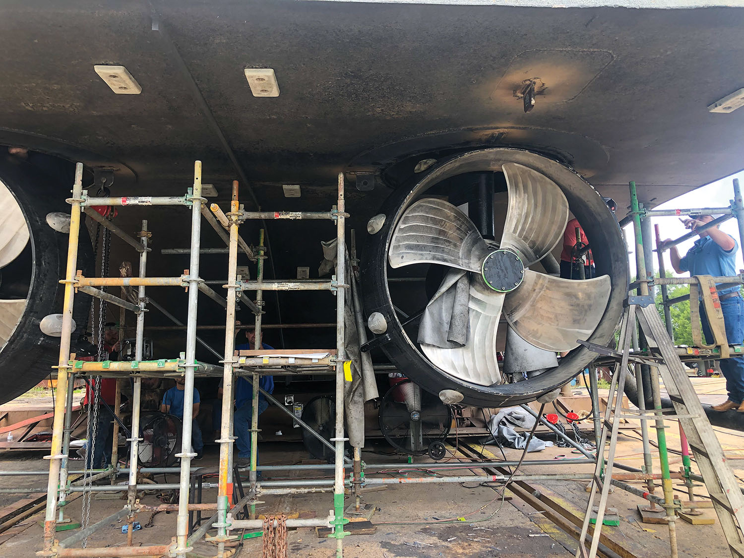 The crew at Verret Shipyard in Plaquemine, La., install Steerprop thrusters aboard the mv. Brooke Banta. (photo courtesy of Warren Berthelot and Verret Shipyard)