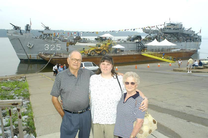 Author Shelley Byrne (center) with her grandparents Chester Street and Mary Street in front of LST-325 on the Paducah Riverfront in 2003. (Photo by Lance Dennee)