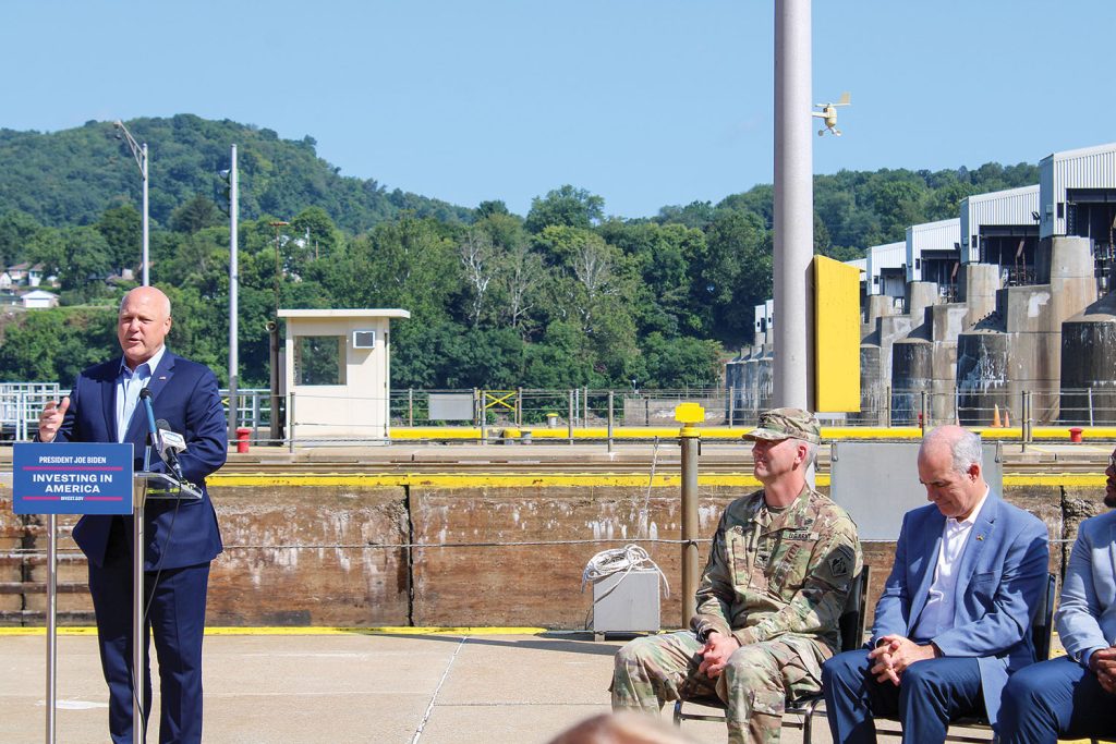 Mitch Landrieu, White House infrastructure coordinator, speaks during the groundbreaking ceremony for the Upper Ohio Navigation Project. (photo by Shelley Byrne)