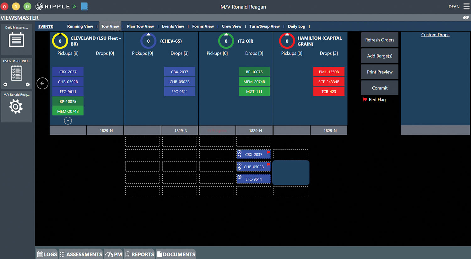 Ripple’s Tow View feature. Pilots can easily drag and drop a graphic of the correct barge instead of making a log entry to note the business transaction. (Photo courtesy of Ripple Operations)