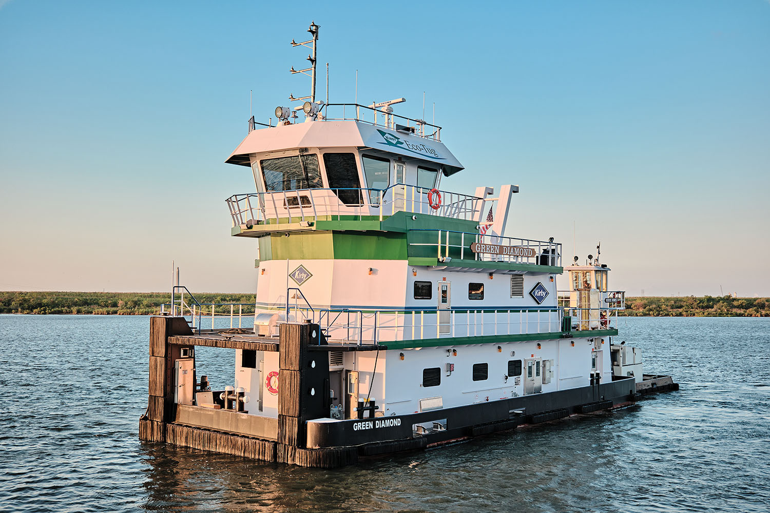 The mv. Green Diamond, built by San Jac Marine and designed by Stewart & Stevenson and San Jac, is the nation’s first plug-in hybrid-electric towing vessel. It will operate in the Houston Harbor and be time-chartered by Shell Trading Company. (Photo courtesy of Kirby Inland Marine)