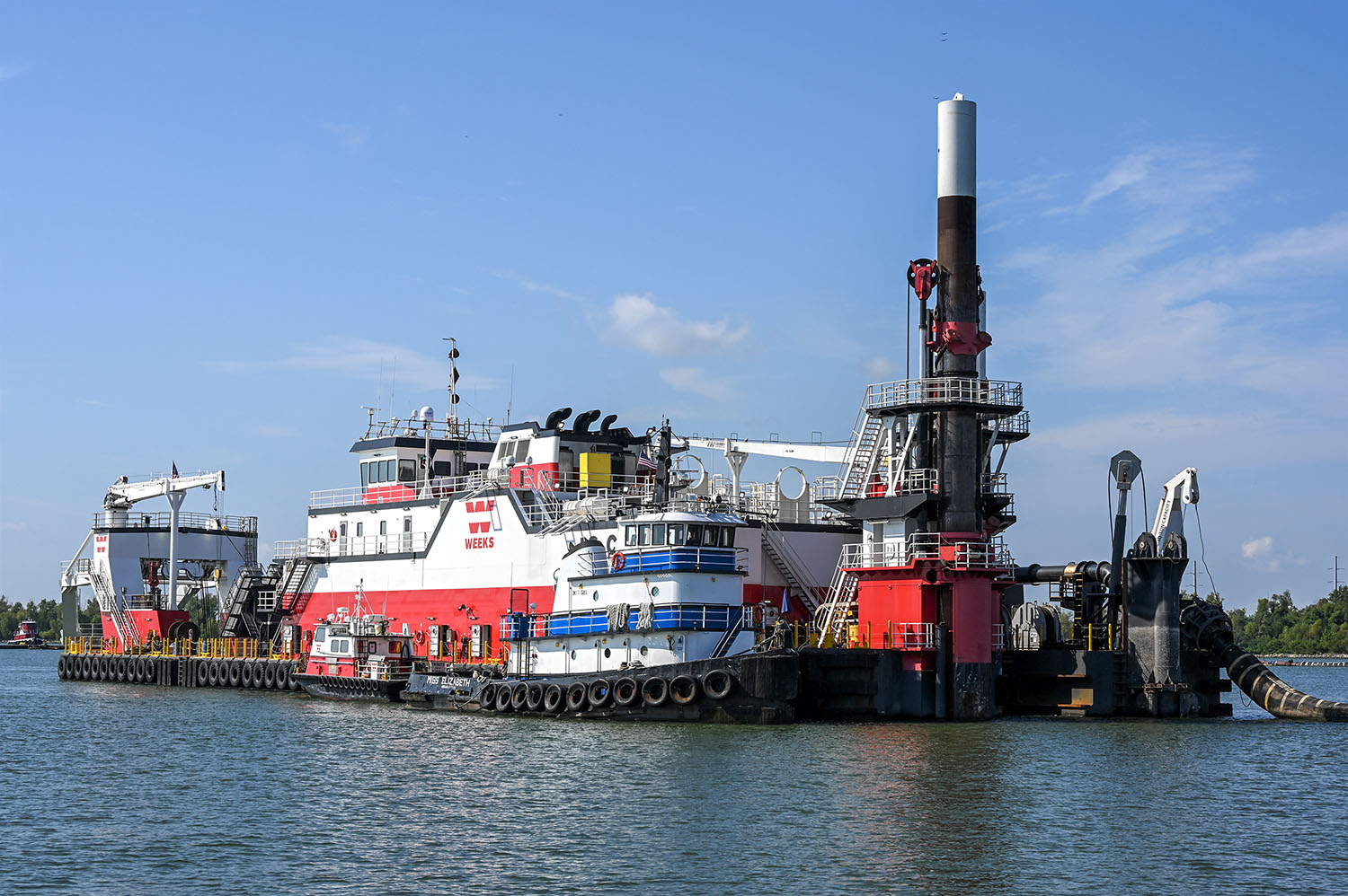 The Weeks dredge J.S. Chatry at work building up the underwater sill to prevent salt water from moving further up the Lower Mississippi River. (Photo courtesy of the New Orleans Engineer District)