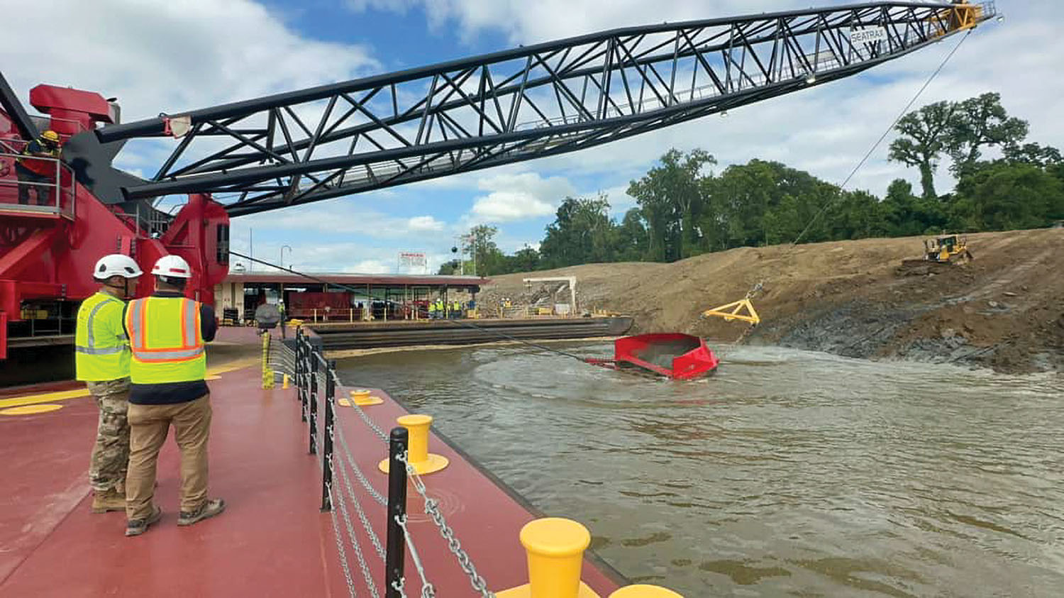 The new, $25.5 million bank grader, named Grader 1, is at work for the first time in revetment operations on the Lower Mississippi. It replaces a 74-year-old grader. (Photo courtesy of Memphis Engineer District)
