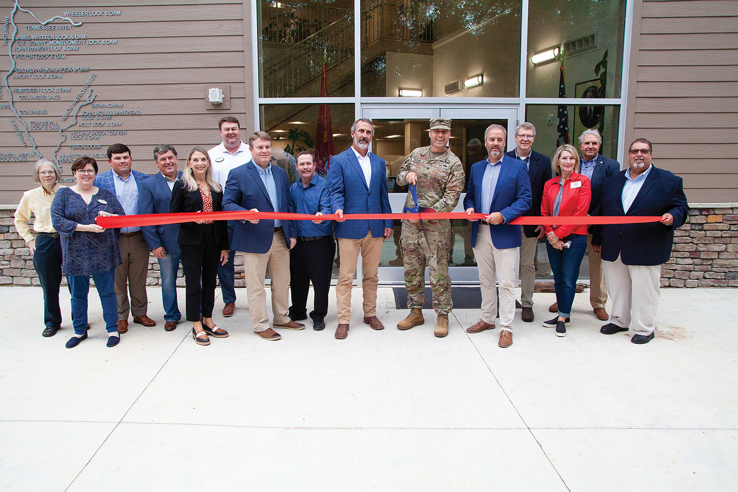 Tennessee-Tombigbee Waterway officials and stakeholders cut the ribbon for a new Waterway Management Center in Columbus, Miss. (Photo by Frank McCormack)