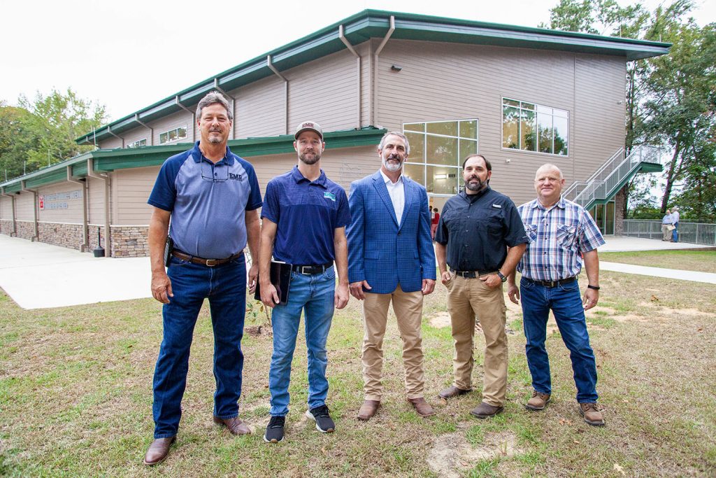 The construction team responsible for the new Tenn-Tom Waterway Management Center, including (from left to right) Darren McDorman, president of EMR; Josh McDorman, also with EMR; Morgan Murphree, construction division area engineer for the Mobile Engineer District; Greg Lackie, construction control representative for the district; and Dewayne Roby, construction division project engineer for the district. (Photo by Frank McCormack)