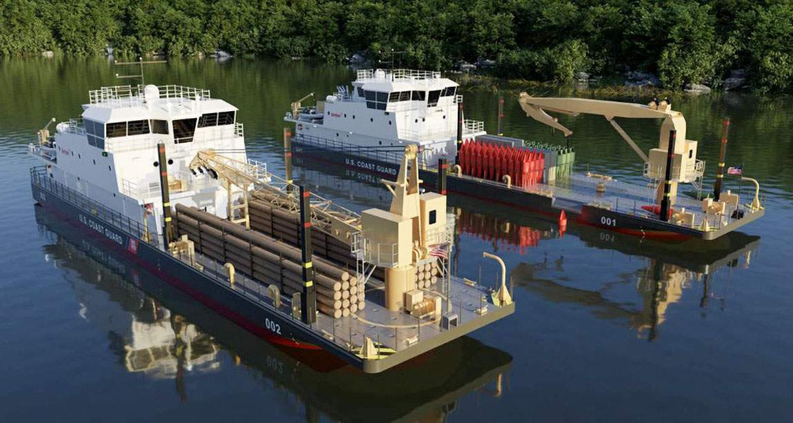 Birdon America rendering of two Waterways Commerce Cutter variants: an inland construction tender, left, and river buoy tender, right. (Image from Coast Guard website)