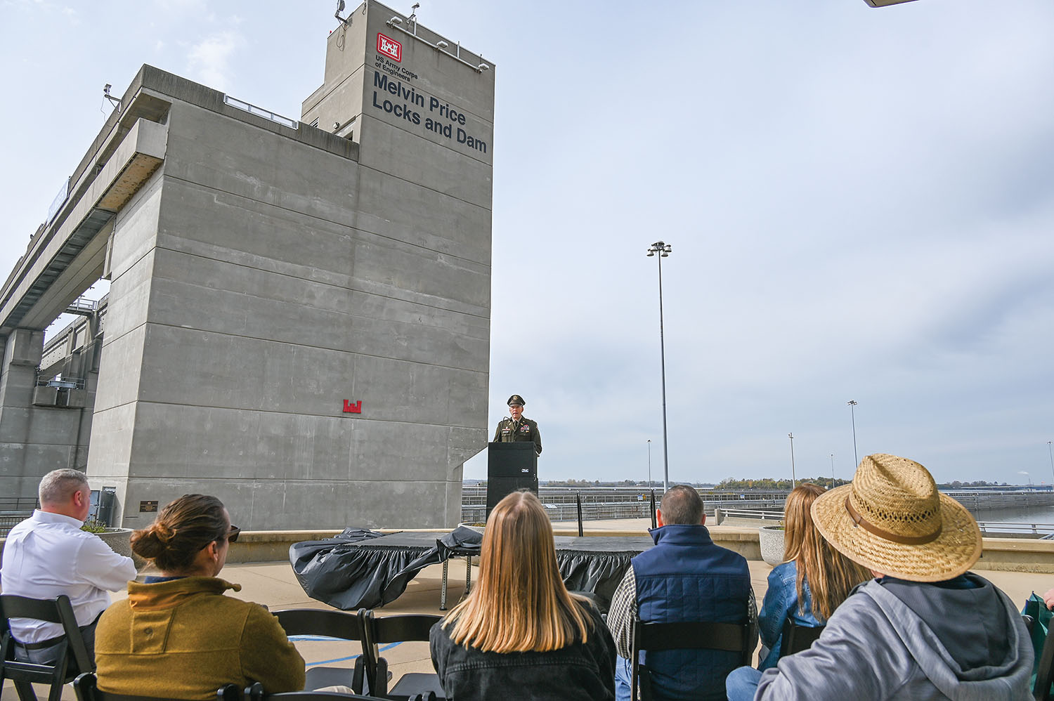 Col. Andy Pannier, commander of the St. Louis Engineer District, gives remarks during the 20th anniversary celebration for the Great Rivers Museum at Melvin Price Locks and Dam at Alton, Ill. (Photos courtesy of George Stringham, St. Louis Engineer District)