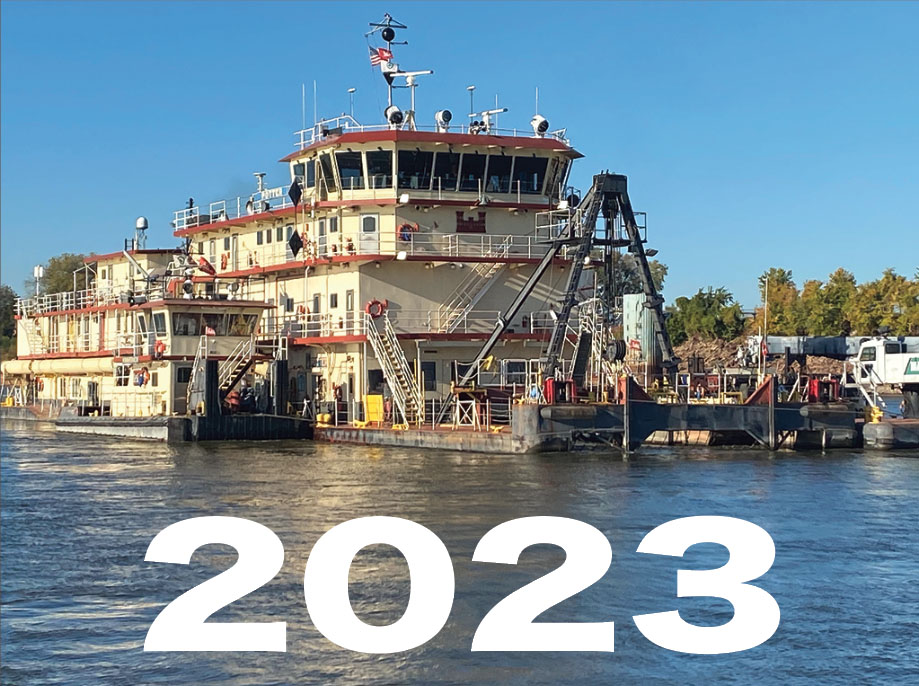 Dredges—like the St. Louis Engineer District’s dredge Potter, shown here—had a busy year. In January, they were still working to keep the waterways open following a historic low-water season the previous fall; then, as summer turned into fall, they were again pressed into service for another extreme drought in 2023. (Photo by Janet Meredith/St. Louis Engineer District)